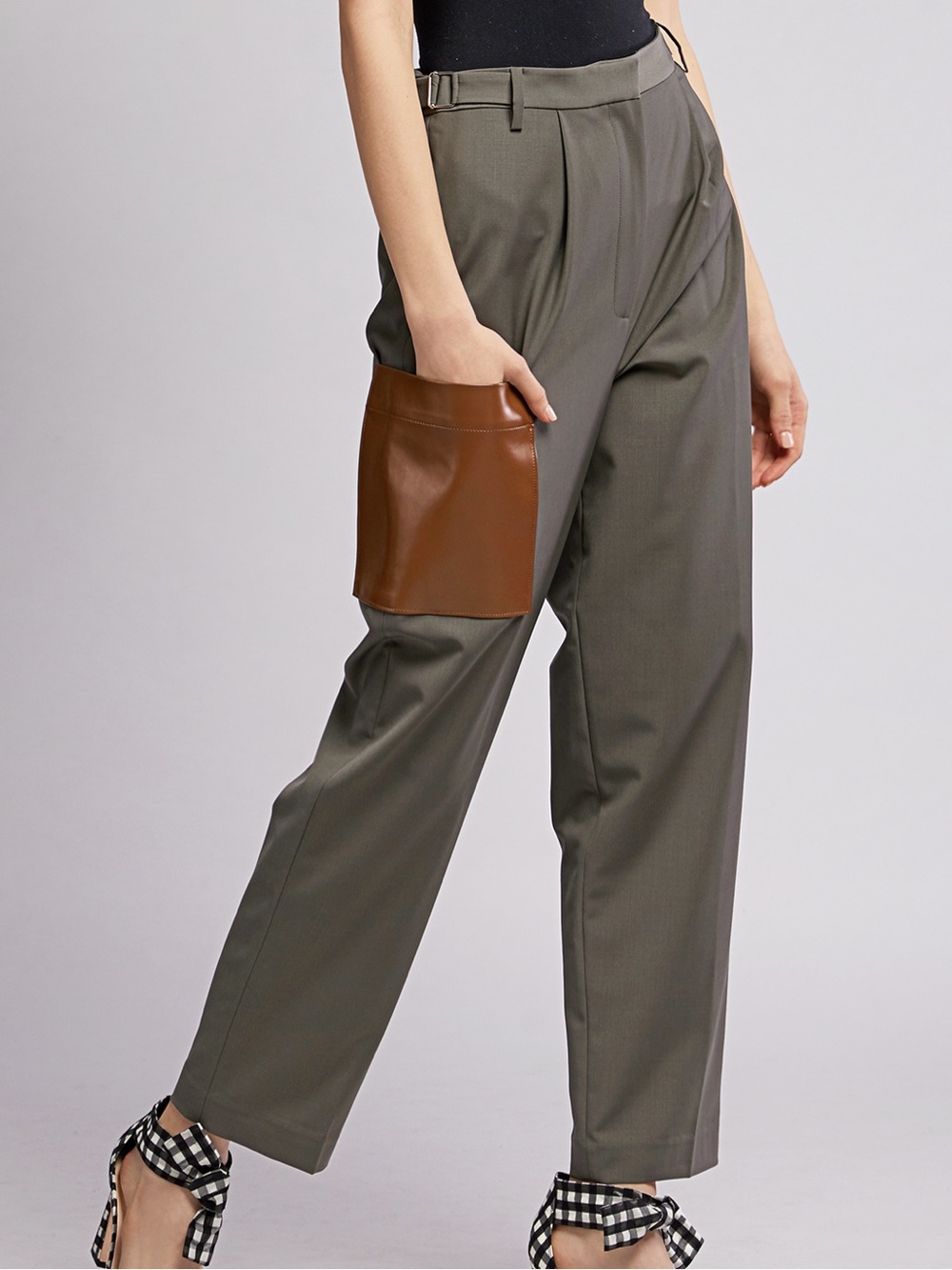 Tibi | Gray Wool Blend Tablier Trouser with Faux Leather Patch Pocket